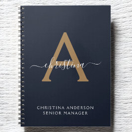 Modern Navy Blue Guld Monogram Script Namn Initial Anteckningsbok