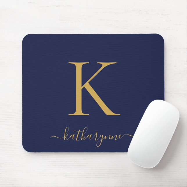 Modern Navy Blue Guld Monogram-skript Musmatta (Med mus)