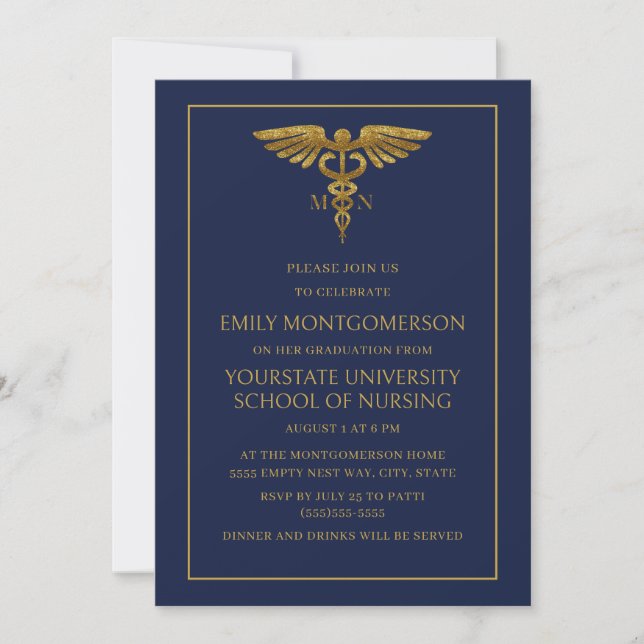 Modern Navy Blue Guld Nursing School MN Student Inbjudningar (Framsida)