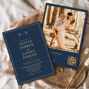 Modern Navy Blue Guld Photo QR Code Bröllop Inbjudningar