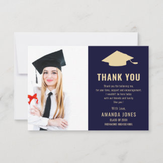 Modern Navy Blue Guld Photo Studenten Tack Kort