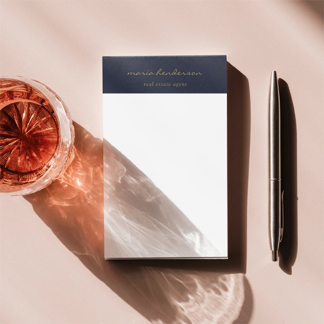 Modern Navy Blue Guld Script Calligraphy Monogram Post-it Block (Skapare uppladdad)