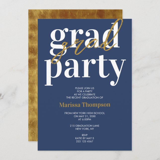 Modern Navy Blue Guld Studentfest-inbjudan Inbjudningar (Fram/baksida)