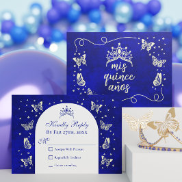 Modern Navy Blue Guld Tiara Butterfly Quinceañera OSA Kort