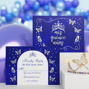 Modern Navy Blue Guld Tiara Butterfly Quinceañera OSA Kort