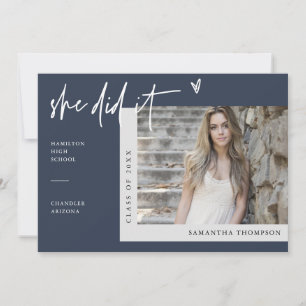 Modern Navy Blue Heart Photo Hon gjorde det Studen Inbjudningar