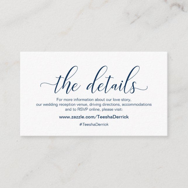 Modern Navy Blue-kalligrafi, Vår information, webb Tilläggskort (Framsida)