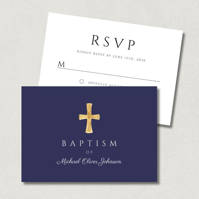 Modern Navy Blue Kor Boy Baptism OSA Kort (Modern Navy Blue Cross Boy Baptism RSVP Card)