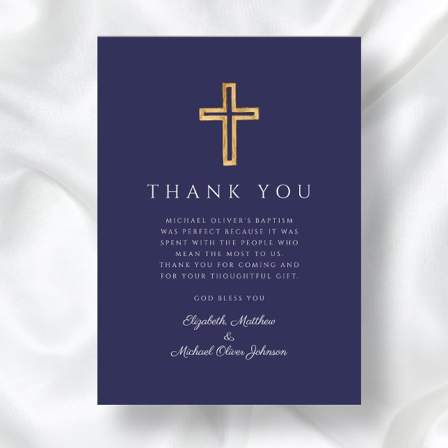 Modern Navy Blue Kor Boy Baptism Tack Kort (Modern Navy Blue Cross Boy Baptism Thank You Card)