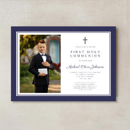 Modern Navy Blue Kor Boy Photo First Communion Inbjudningar
