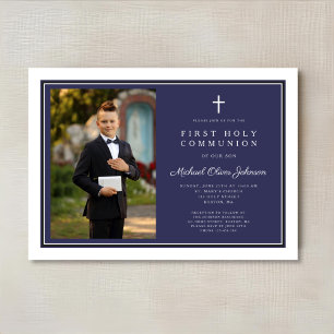 Modern Navy Blue Kor Boy Photo First Communion Inbjudningar