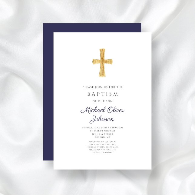Modern Navy Blue Kor Religiösa Boy Baptism Inbjudningar (Modern Navy Blue Cross Religious Boy Baptism Invitation)