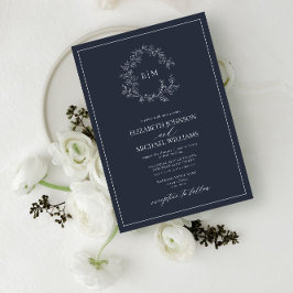 Modern Navy Blue Leafy Vapensköld Monogram Bröllop Inbjudningar