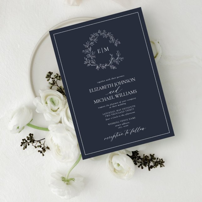 Modern Navy Blue Leafy Vapensköld Monogram Bröllop Inbjudningar (Skapare uppladdad)