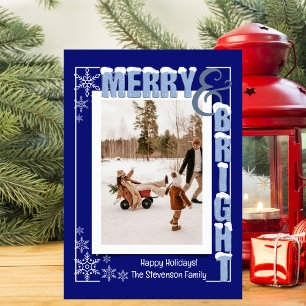 Modern Navy Blue Merry & Bright Retro Typography Julkort