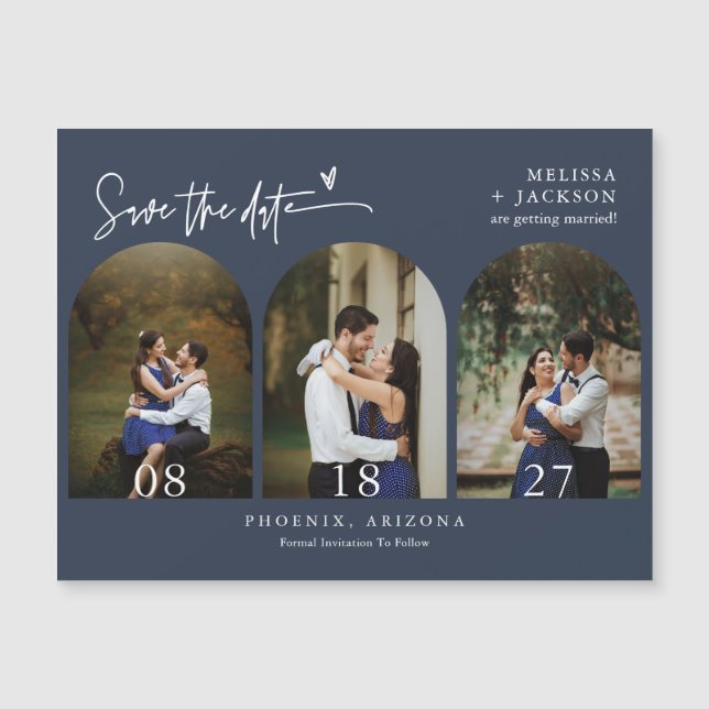 Modern Navy Blue Minimal Save Date Arch Photo (Framsida)