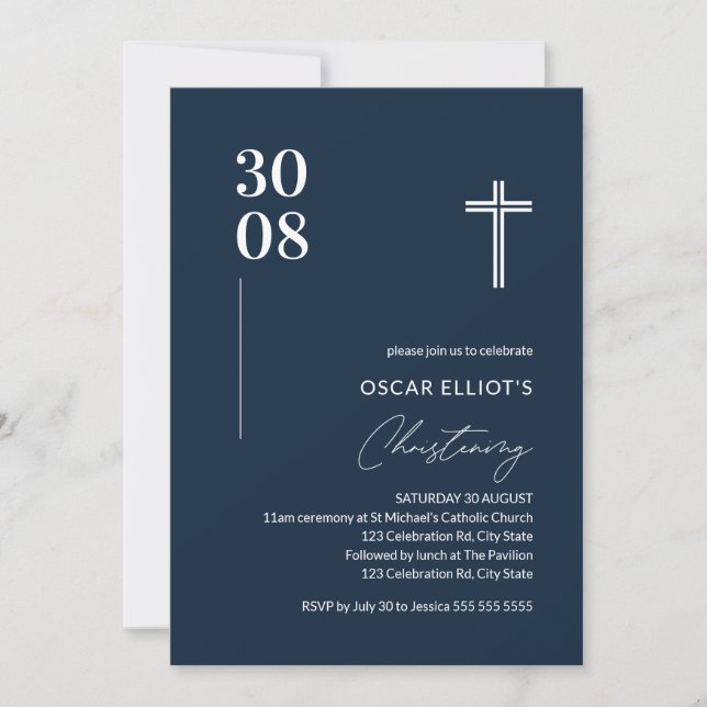 Modern Navy Blue Minimalist Boy Christening Inbjudningar (Framsida)