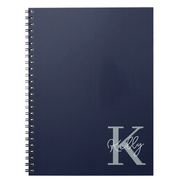 Modern Navy Blue Monogram Script Anteckningsbok (Framsidan)