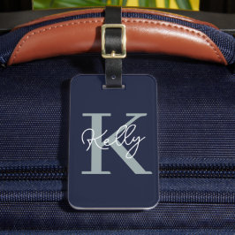 Modern Navy Blue Monogram Script Bagagebricka