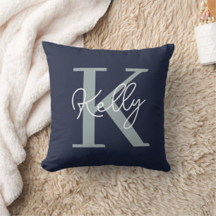 Modern Navy Blue Monogram Script Kudde