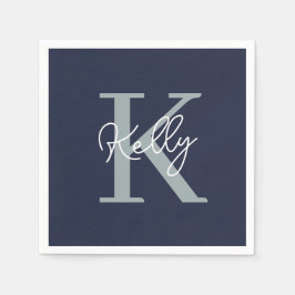 Modern Navy Blue Monogram Script Pappersservett