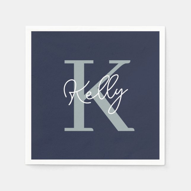 Modern Navy Blue Monogram Script Pappersservett (Framsidan)