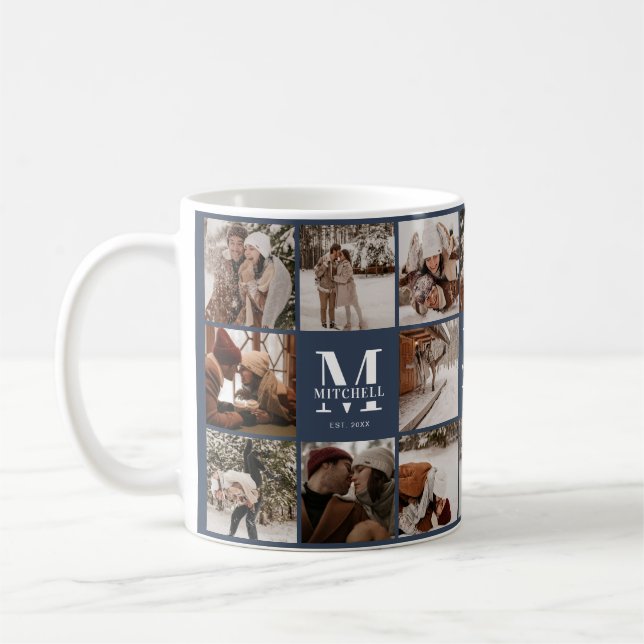 Modern Navy Blue Multi Photo Collage Keepsak Kaffemugg (Vänster)