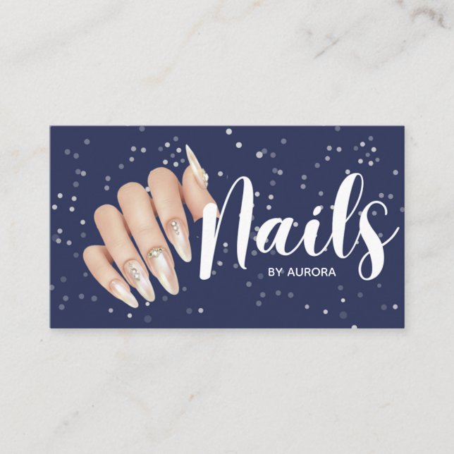 Modern Navy Blue Nail Technician Business Card Visitkort (Framsida)
