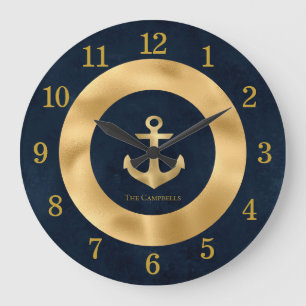Modern Navy Blue och Guld Nautical Anchor Stor Klocka