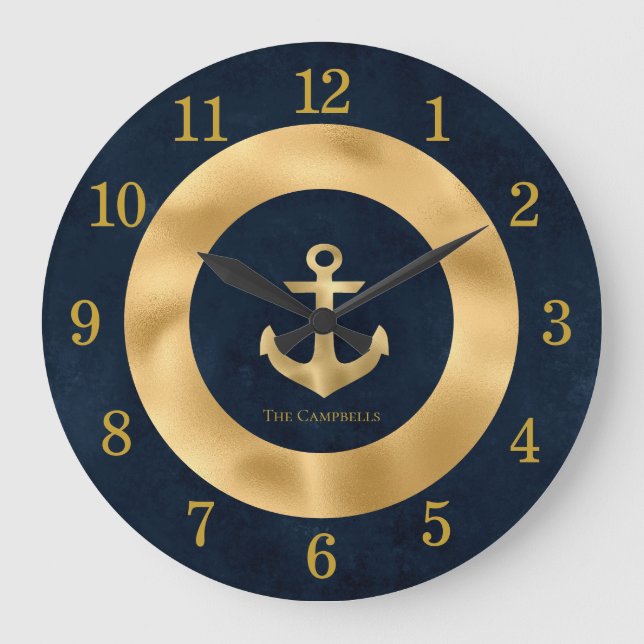 Modern Navy Blue och Guld Nautical Anchor Stor Klocka (Framsida)