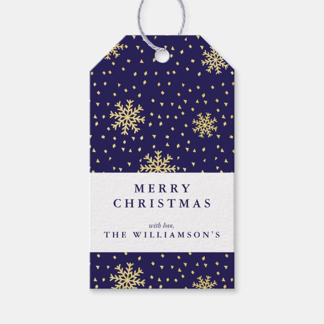 Modern Navy Blue och Guld Snowflake-jul Presentetikett (Framsidan)