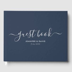 Modern Navy Blue och Silver Script Bröllop Gästböcker