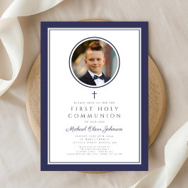 Modern Navy Blue Photo Boy First Communion Inbjudningar