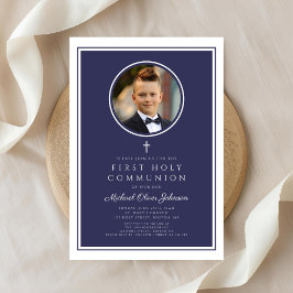 Modern Navy Blue Photo Boy First Communion Inbjudningar