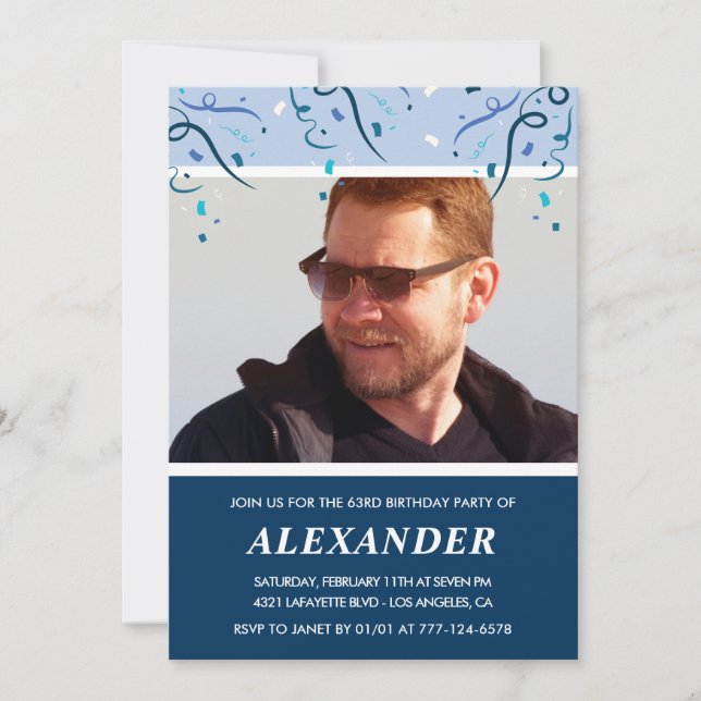 Modern Navy Blue Photo Man 63-årsdag Inbjudningar (Framsida)