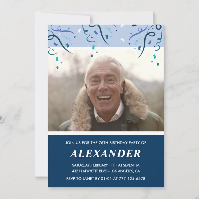Modern Navy Blue Photo Man fyller 76 år Inbjudningar (Framsida)
