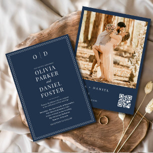 Modern Navy Blue Photo QR Code Bröllop Inbjudningar