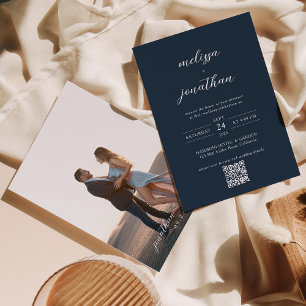 Modern Navy Blue Photo Script QR Code Bröllop Inbjudningar