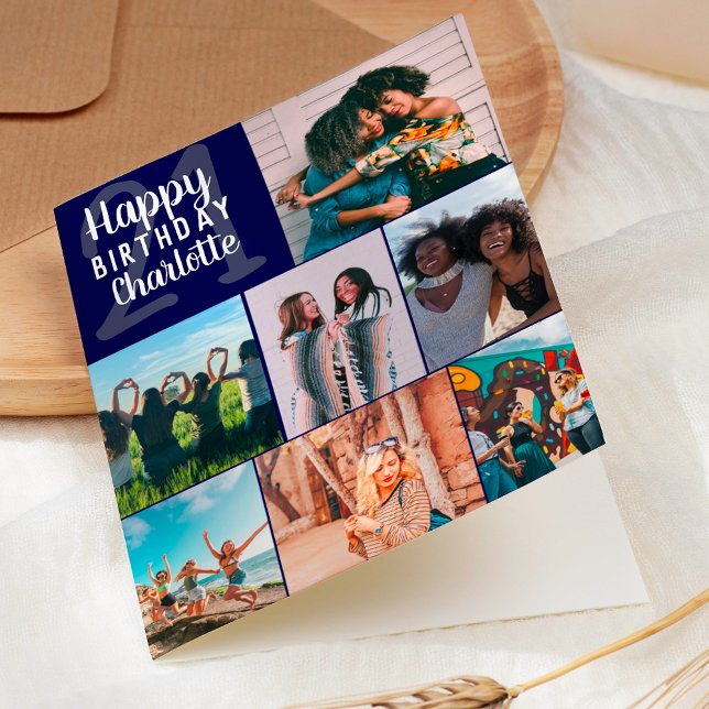 Modern navy Blue Photos collage grid 21-årsdag Kort (Modern navy blue photos collage grid 21 birthday card)