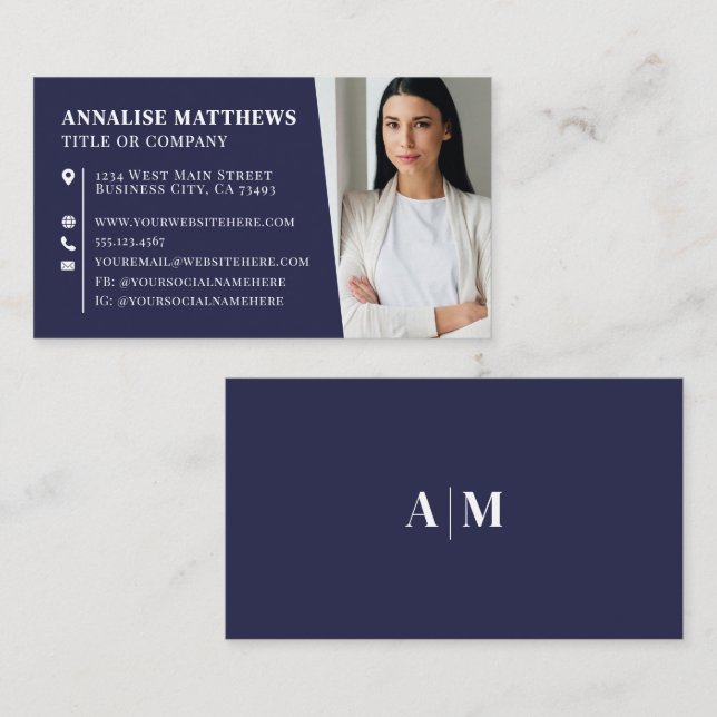 Modern Navy Blue Professional Photo Visitkort (Fram/baksida)