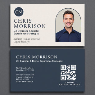 Modern Navy Blue Professionell QR-kodfoto Visitkort