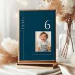 Modern Navy Blue Pub Mitzvah Bordsnummer Photo<br><div class="desc">Mazel tov vid detta speciella tillfälle! Gör din sons Pub Mitzvah party speciell med denna minimalistiska typografi,  marinblått och vitt bordsnummer med en plats för fotografier för pojken pub mitzvah - du kan få varje bord ett annat foto!</div>