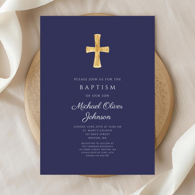 Modern Navy Blue Religiösa Kor Boy Baptism Inbjudningar (Modern Navy Blue Religious Cross Boy Baptism Invitation)