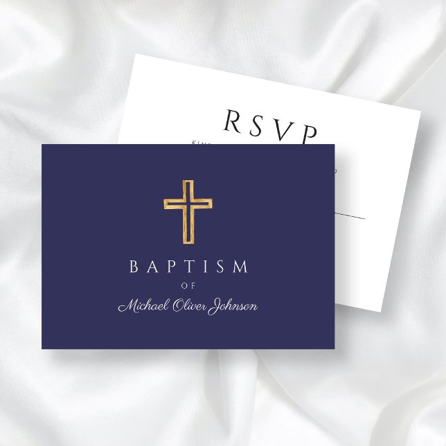Modern Navy Blue Religiösa Kor Boy Baptism OSA Kort (Modern Navy Blue Religious Cross Boy Baptism RSVP Card)