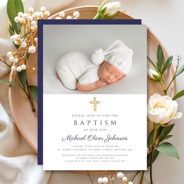 Modern Navy Blue Religiösa Kor Boy Photo Baptism Inbjudningar (Navy Blue Religious Cross Boy Photo Baptism Invitation)