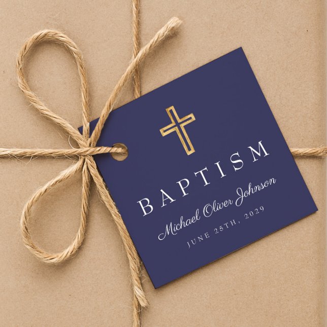 Modern Navy Blue Religiösa Kor Script Baptism Gåvor Etiketter (Modern Navy Blue Religious Cross Script Baptism Favor Tags)