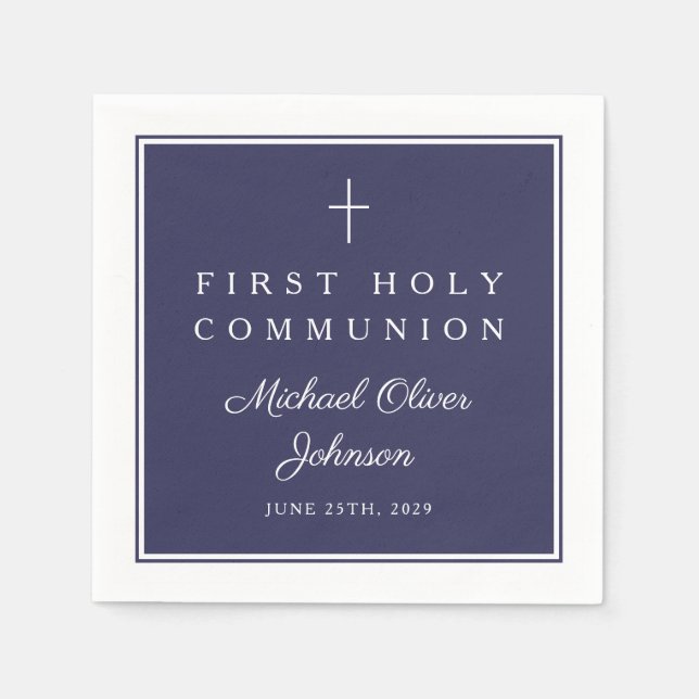 Modern Navy Blue Religious Boy First Communion Pappersservett (Framsidan)