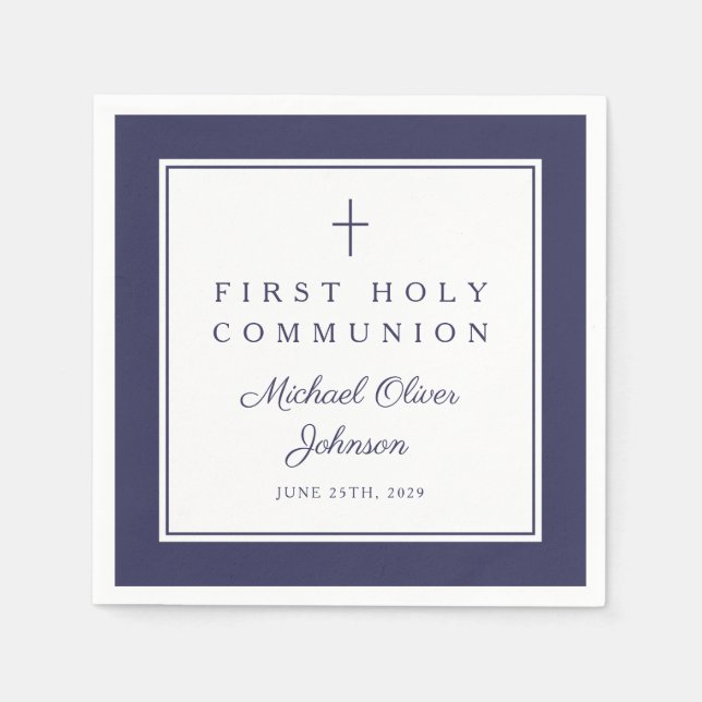 Modern Navy Blue Religious Boy First Communion Pappersservett (Framsidan)