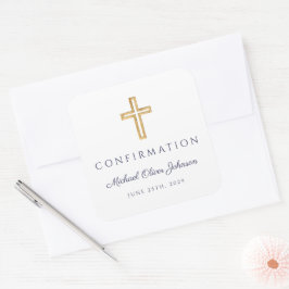 Modern Navy Blue Religious Cross Boy Confirmation Fyrkantigt Klistermärke