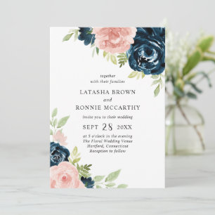 Modern Navy Blue Rosa Blommigt Elegant bröllop Inbjudningar
